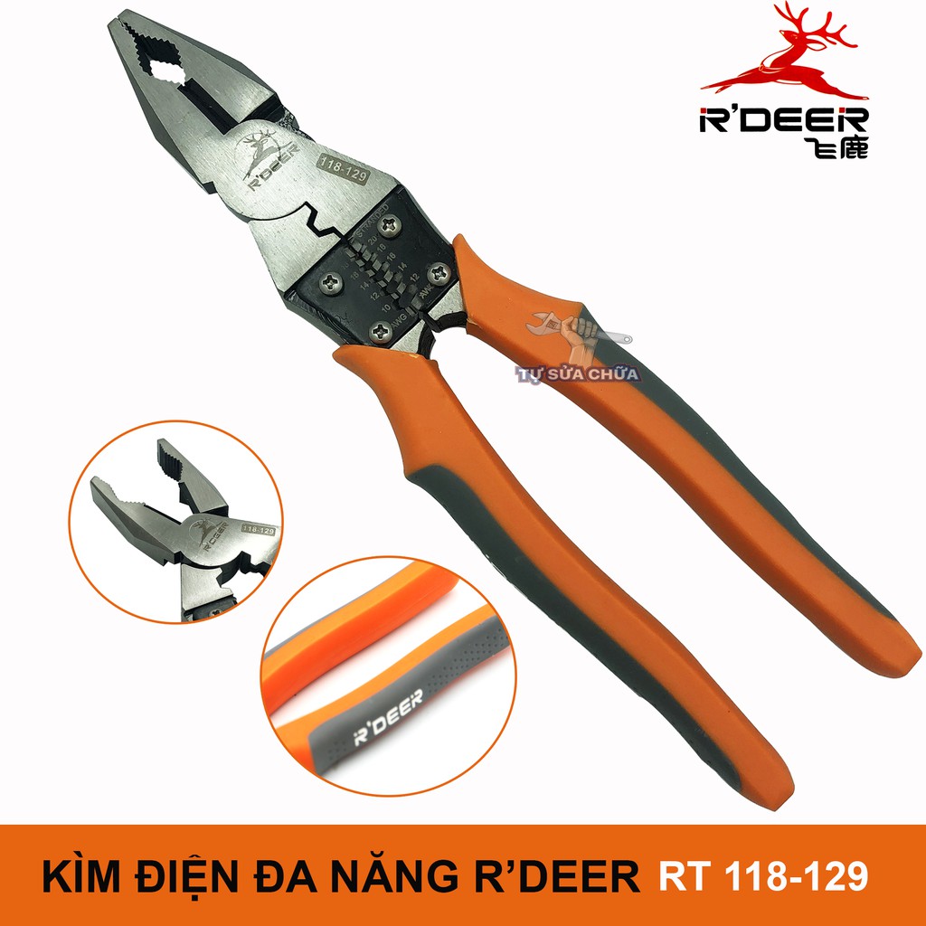 Kìm Kềm điện đa năng R'deer RT 118-129 9inch/225mm 4 trong 1 (Kẹp-Cắt-Uốn-Tuốt dây)