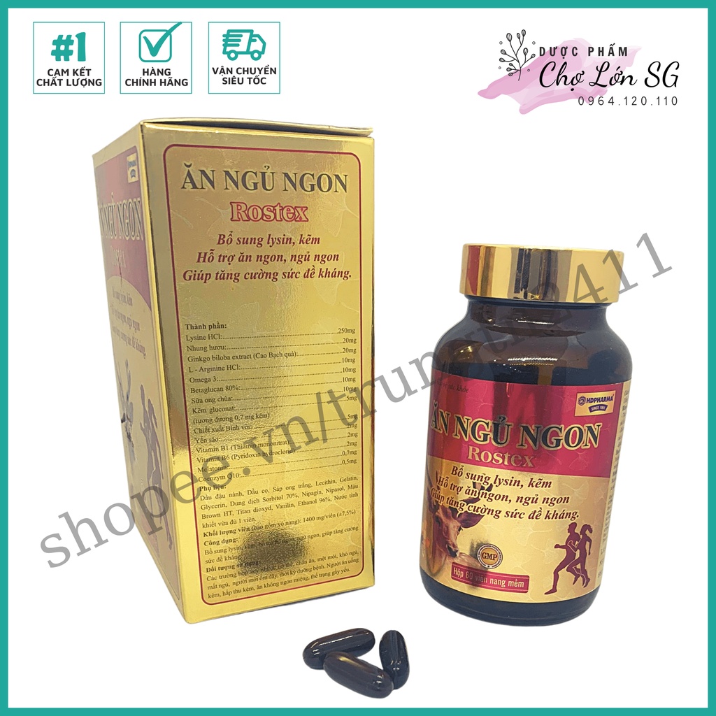 Viên ĂN NGỦ NGON ROSTEX bổ sung lysin, kẽm loại bỏ mất ngủ, căng thẳng, stress  - 60 viên