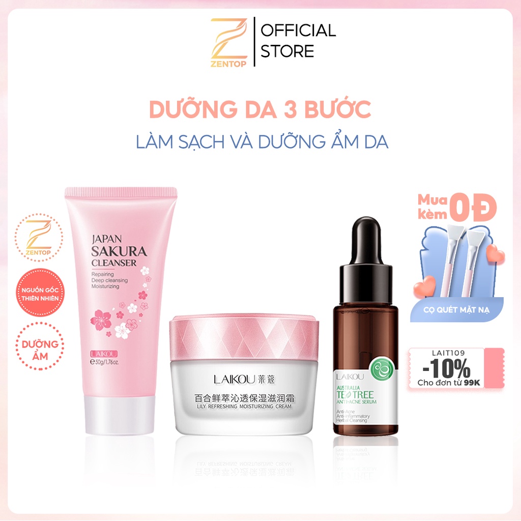 Sét chăm sóc da giảm mụn đơn giản Laikou gồm sữa rửa mặt kem dưỡng serum ngừa mụn giúp da chắc khỏe mịn màng Zentop