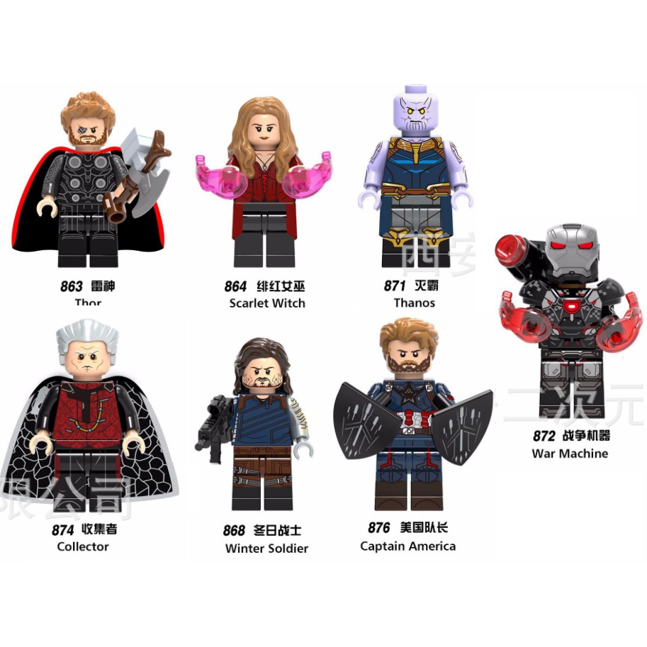 Nonlego trưng bày Infinity War Thor, Scarlet Witch, Thanos, Collector, Winter Soldier, Captain American, War Machine