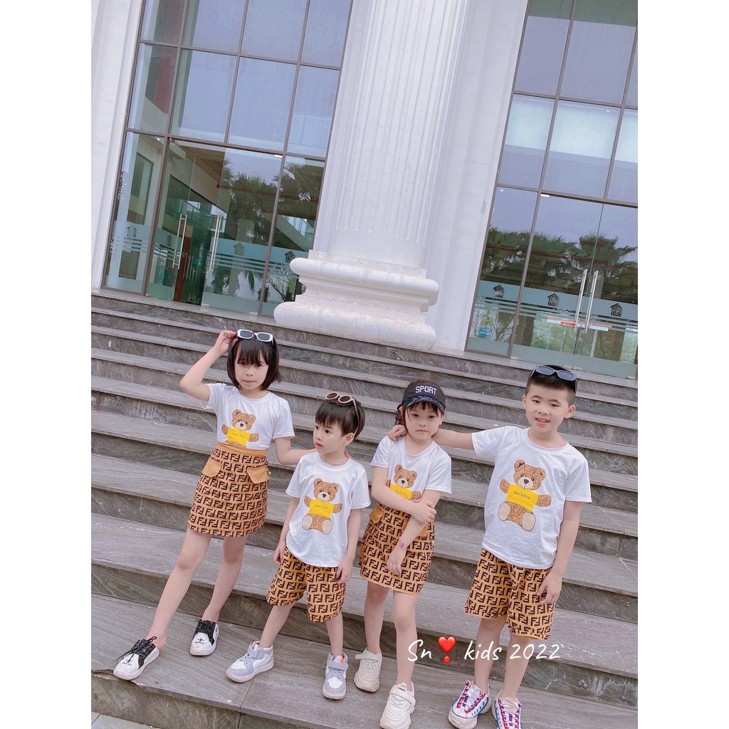 Bộ cộc tay bé trai, bé gái, cặp bộ đồng phục Fendiii vàng hot cho bé size 10-35kg