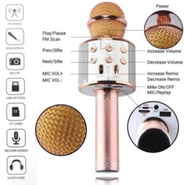 Micro hát karaoke Bluetooth 3in1 kèm loa WS-858 có out âm thanh ra loa lớn