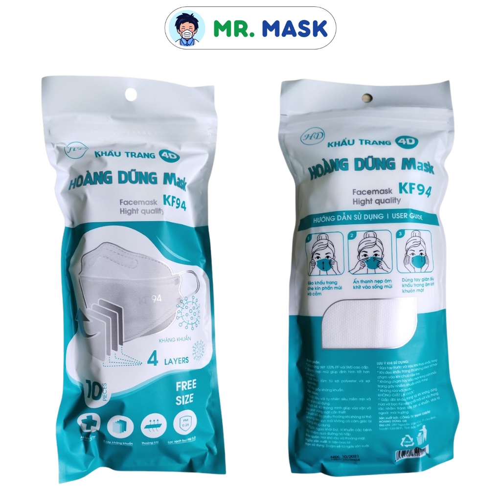 Khẩu Trang Y Tế 4D KF94 Hoàng Dũng Mask Chính Hãng, 4 Lớp Kháng Khuẩn, Tiêu Chuẩn Hàn Quốc, 10 Chiếc/Túi