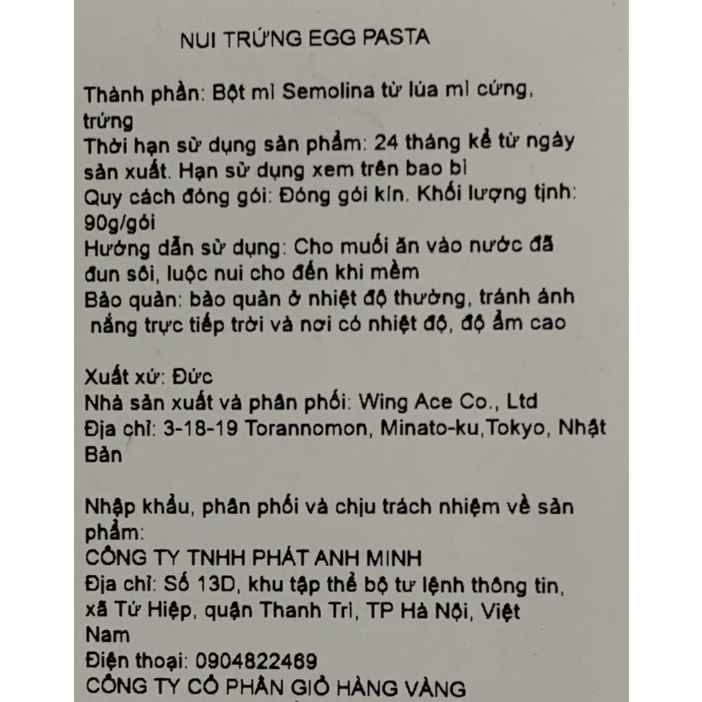 Nui trứng Egg Pasta Nhật Bản 90g cho bé từ 8m+