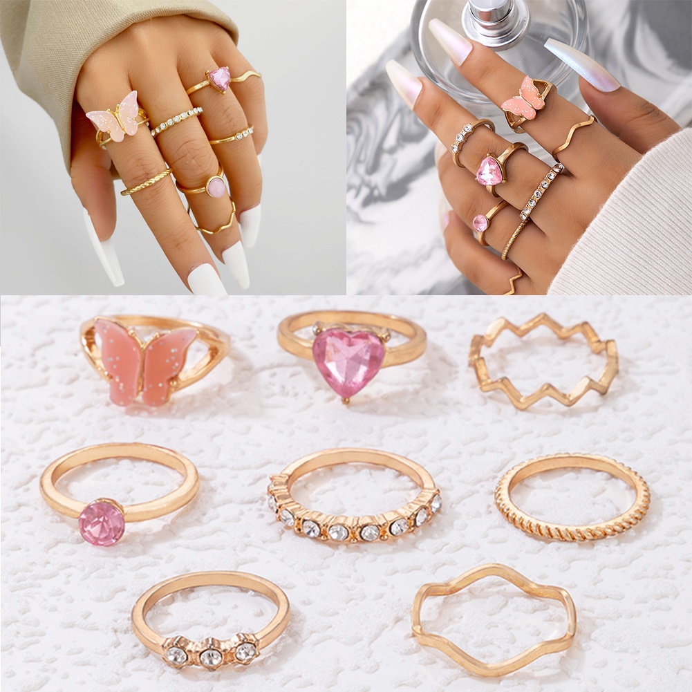 Bộ 8 Nhẫn Hình Bướm Đính Đá Thời Trang Cho Nữ