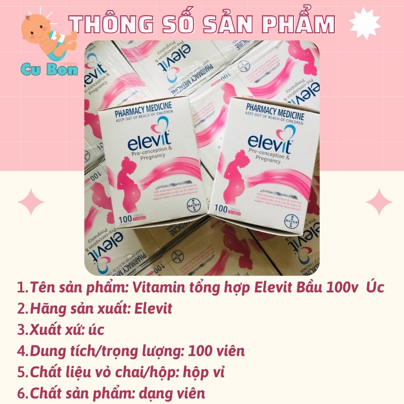 Elevit Bầu bú của Úc (100 viên/60v) bổ sung Vitamin C, D3, Axit Folic cho phụ nữ chuẩn bị mang thai mẹ bầu mẹ sau sinh