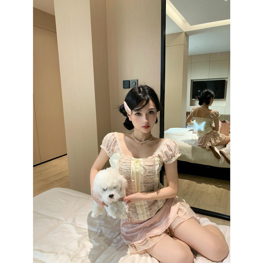 Cocory vn Set Áo Ren Ngắn Tay Và Chân Váy Chữ A Lưng Cao Thời Trang Nữ Tính