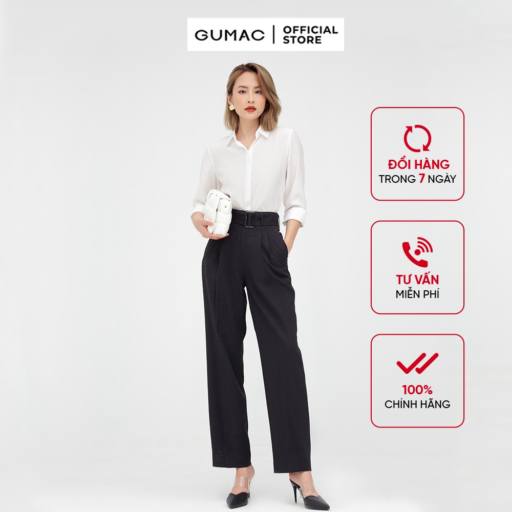 Quần tây nữ phối đai lưng GUMAC thiết kế công sở, màu đen ống rộng đủ size QB510