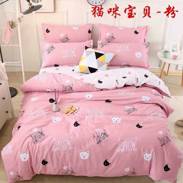 [Giá rẻ] Set Chăn Ga Poly mặt mèo hồng Uy tín