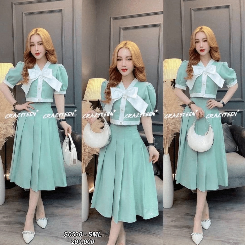 MẪU MỚI SÉT VÁY XẾP LY PHỐI NƠ TIỂU THƯ SANG CHẢNH CỔ ĐIỂN PU NH House