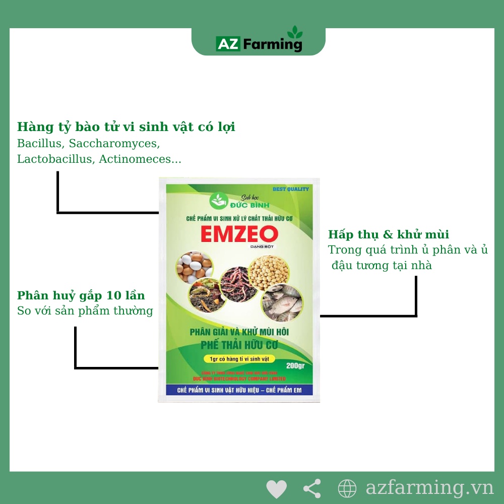 Chế Phẩm EM Emzeo Đức Bình - Ủ Phân Hữu Cơ, Khử Mùi Hôi - Gói 200g - AZ Farming