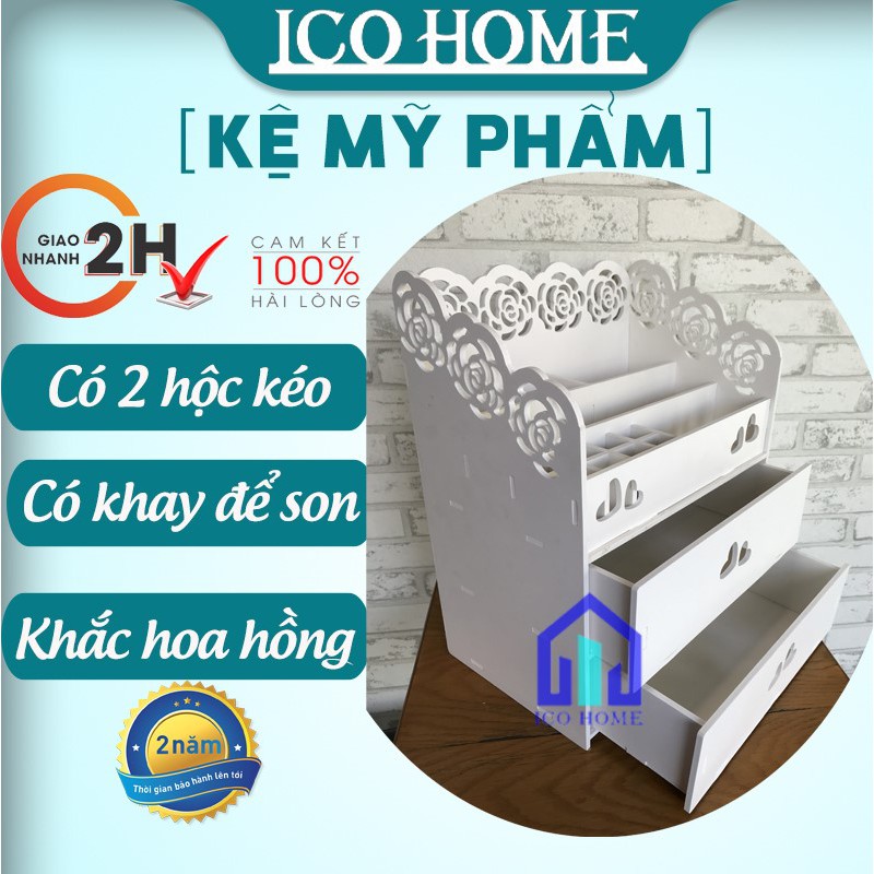 Kệ đựng mỹ phẩm, đồ trang điểm màu trắng, có 2 hộc kéo, khắc hoa hồng cực xinh - ICO HOME