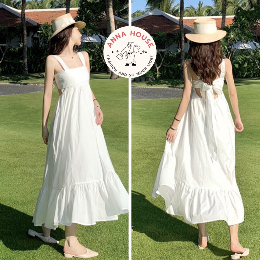 Váy maxi 2 dây hở lưng thắt nơ dáng dài form rộng đi biển, đầm maxi đi biển hai dây buộc nơ lưng dáng xòe suông dài
