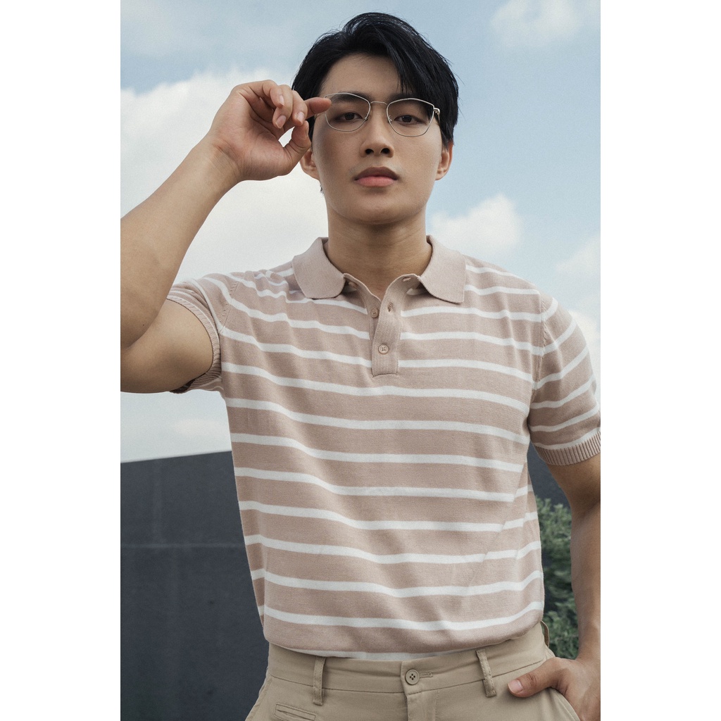 Áo Polo Dệt Kim Americus Gosani Trắng Sọc Beige Và Phối Màu Xanh