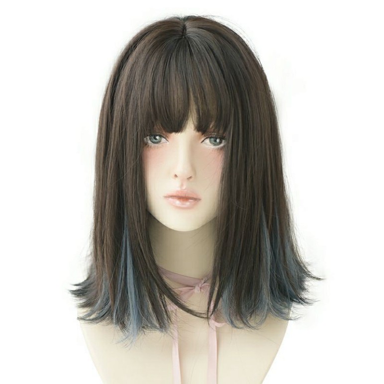 [Sẵn] Wig teen/lolita/cosplay M05 nâu pha xanh khói hai lớp (tóc giả nguyên đầu cúp ngang vai) tại MIU SHOP 03