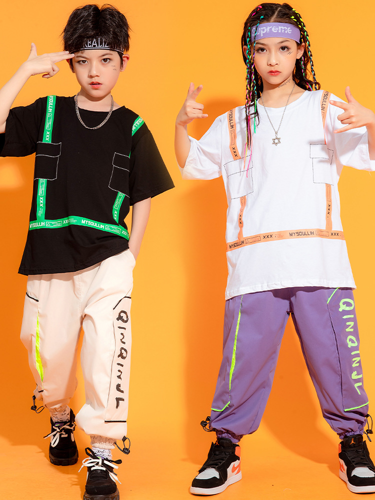 Children's hip hop suit boys hip hop trend Summer Short Sleeve T-Shirt boys handsome hiphop performance dress pants