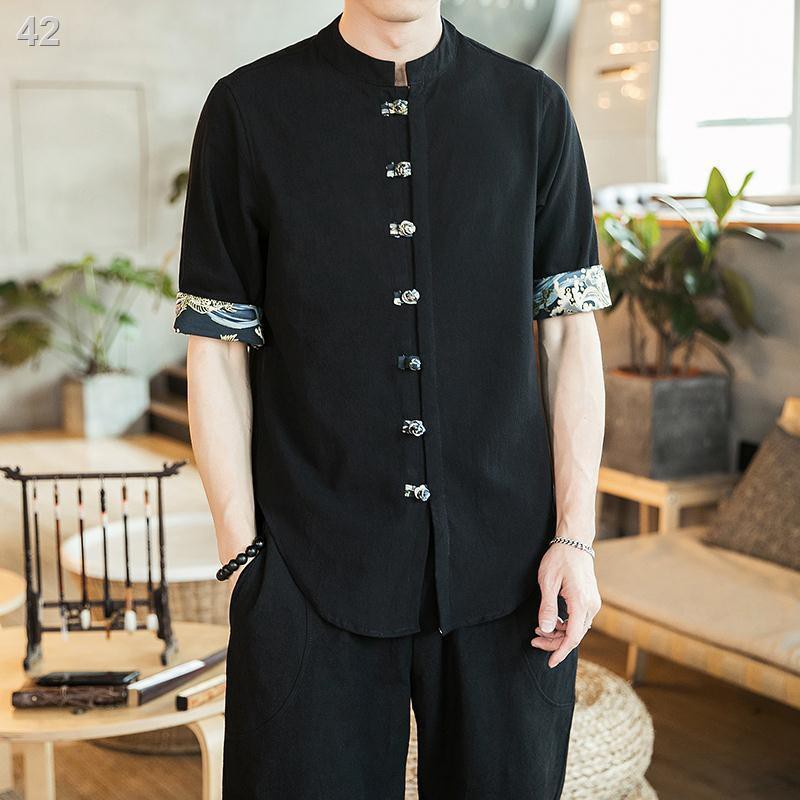 Áo sơ mi ngắn tay vải lanh và cotton phong cách Trung Quốc của nam giới Nút cổ đứng Phù hợp với Hanfu nửa
