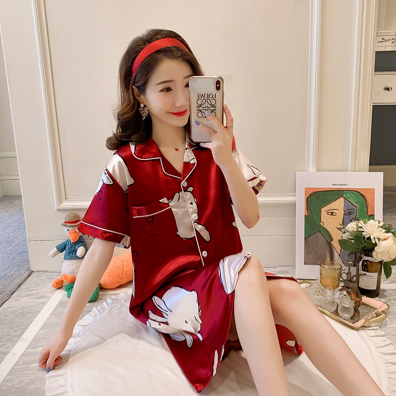 Đầm Ngủ Lụa In Hình Mèo Đáng Yêu Cho Nữ Cỡ M-2Xl