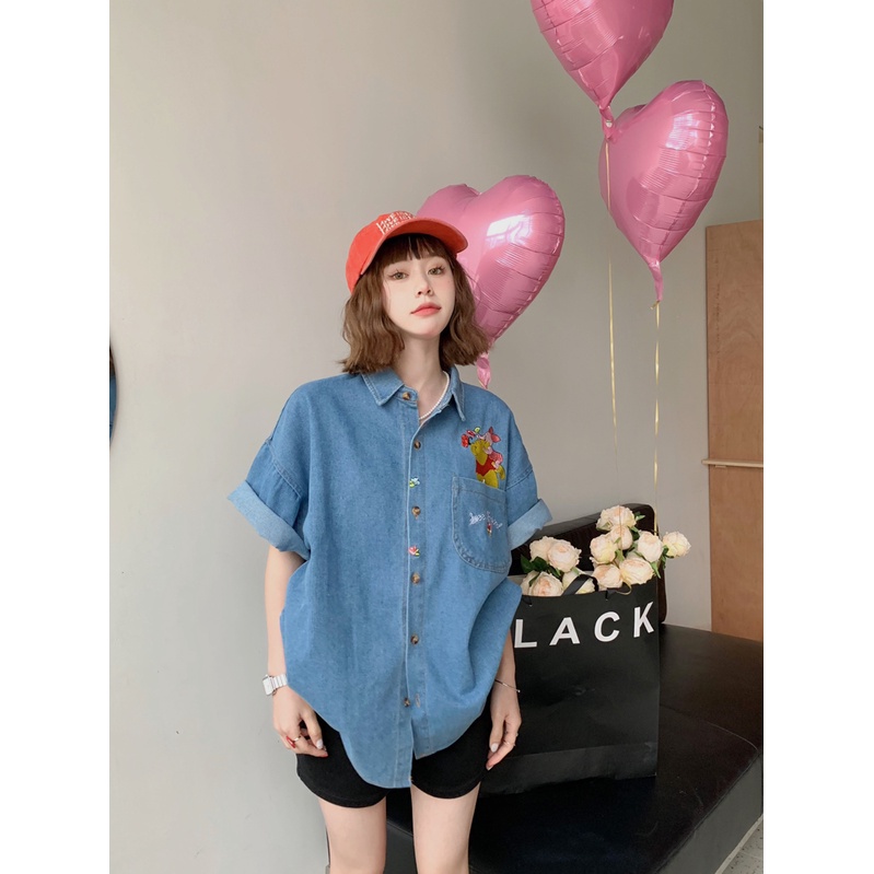 Áo Sơ Mi Denim Tay Ngắn Dáng Rộng In Gấu Hoạt Hình Phong Cách Nhật Bản Thời Trang Mùa Hè Cho Nữ 2022