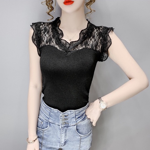 Áo Dệt Kim Sát Nách Cổ Chữ V Phối Ren Quyến Rũ Hợp Thời Trang