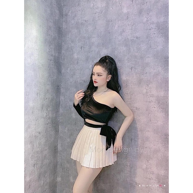 Áo croptop tay dài phối da beo