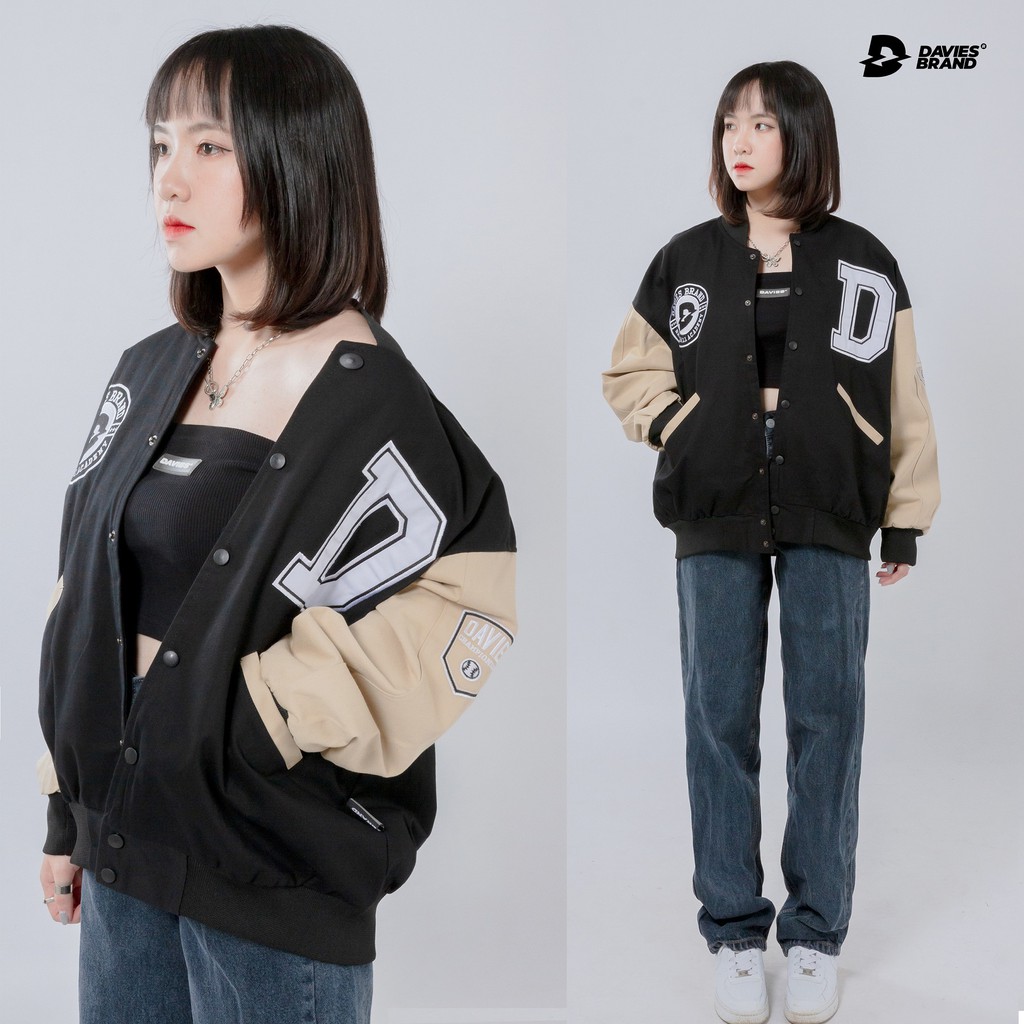 Áo khoác bomber bóng chày thêu chữ Davies - Beige Varsity Baseball Academy Bomber