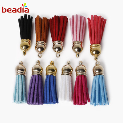 Phụ kiện dây tua rua BEADIA bằng da lộn phối polyester 35mm đầu nối bạc dùng trang trí điện thoại di động/ thắt lưng