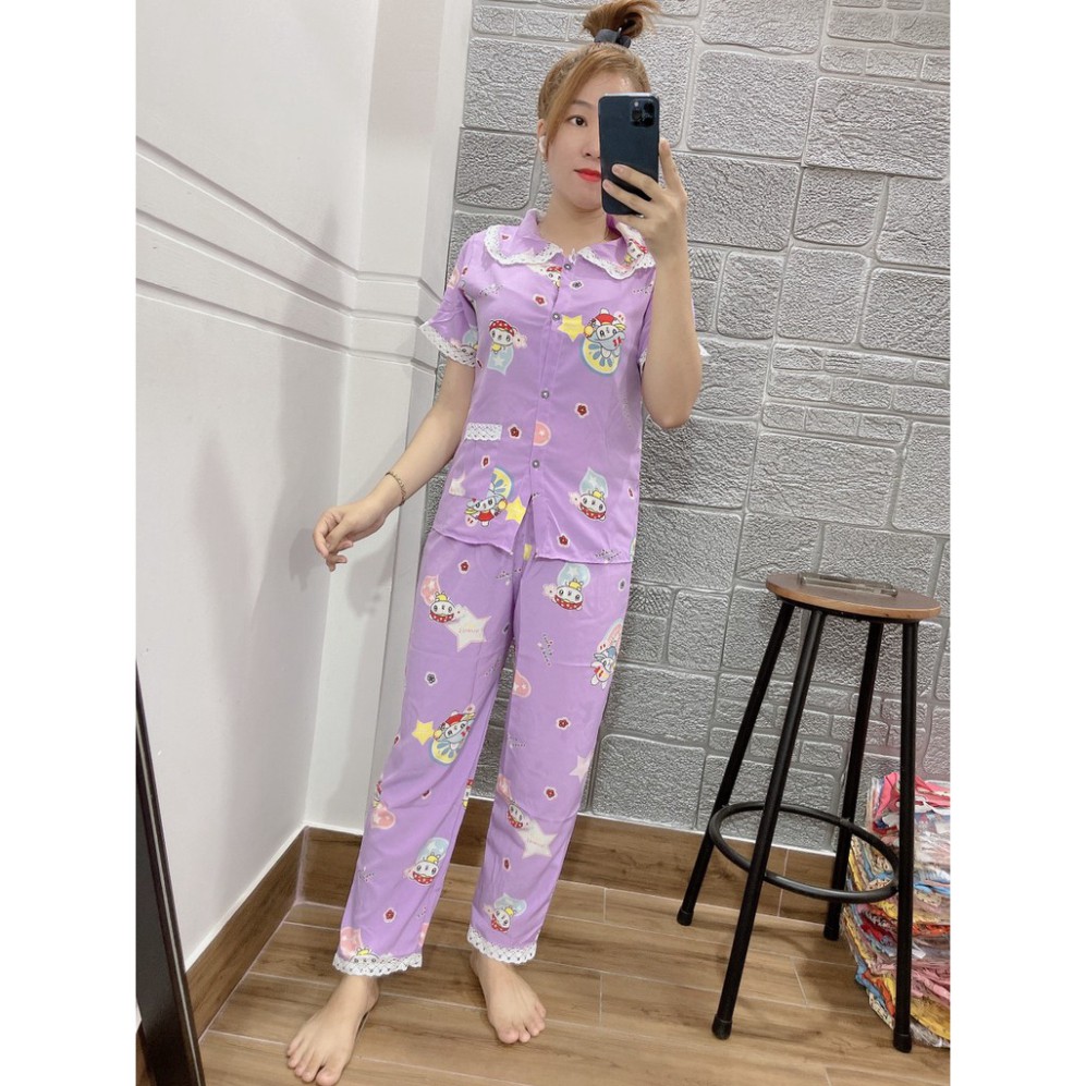 Bộ Đồ Bộ Pijama satin mềm Phối Ren Tay Ngắn Quần Dài Freesize <55kg [ảnh thật 100%] | BigBuy360 - bigbuy360.vn