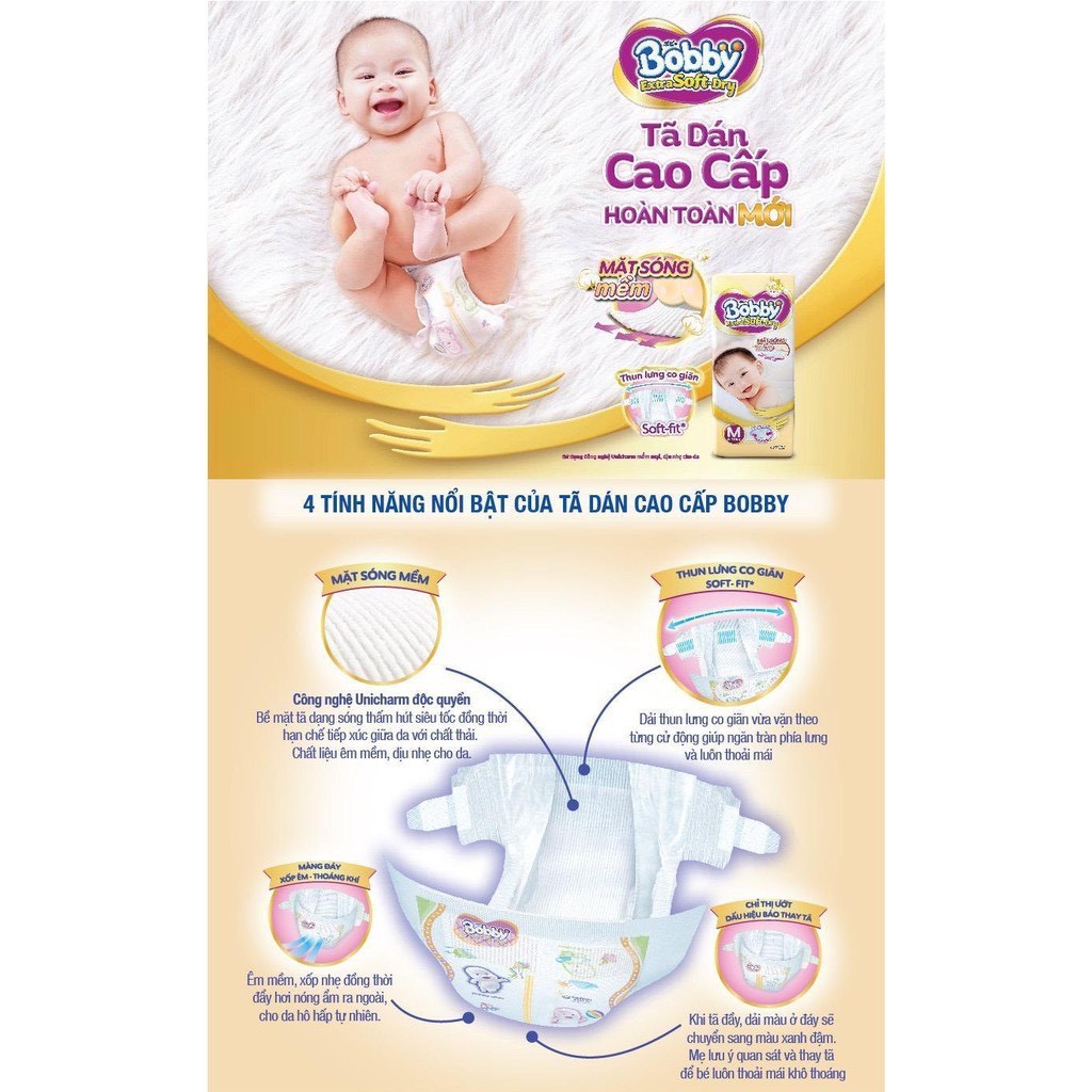 Tã Dán cao cấp Bobby Extra Soft Dry Mặt Bông Siêu Mềm Size S86 miếng cho bé 4-8kg