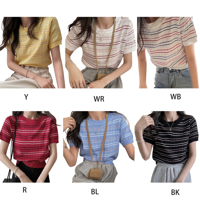Áo Croptop Dệt Kim Ngắn Tay Cổ Tròn Họa Tiết Kẻ Sọc Nhiều Màu Sắc