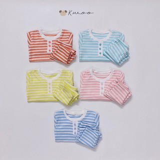 Bộ Dài Tay Cho Bé Gái, Bé Trai KIMCHI Vải Thun Gân Hoạ Tiết Sọc Ngang Cúc Cổ, Bộ Quần Áo Trẻ Em Thu Đông KWTD2105