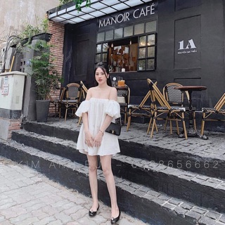 Đầm xuông tay bồng trễ vai