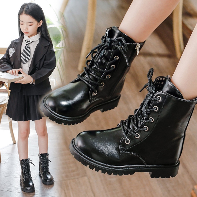 Giày bốt kiểu dáng quân đội thời trang cá tính cho bé gái size 27-38 màu Đen Boots trẻ em da mềm đế êm phong cách mới