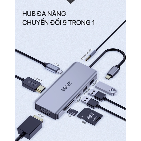 [Mã INCU300 giảm 10% đơn 499K] USB HUB Chuyển Đổi Đa Năng Robot HT390 9 Trong 1 Cổng Type C