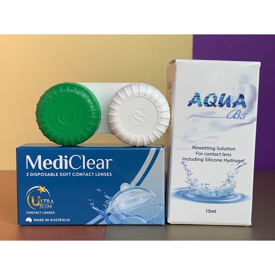 SET GỒM cặp kính áp tròng 3 tháng Úc Mediclear+Nhỏ mắt dùng kính áp tròng AQUA B5 15ml