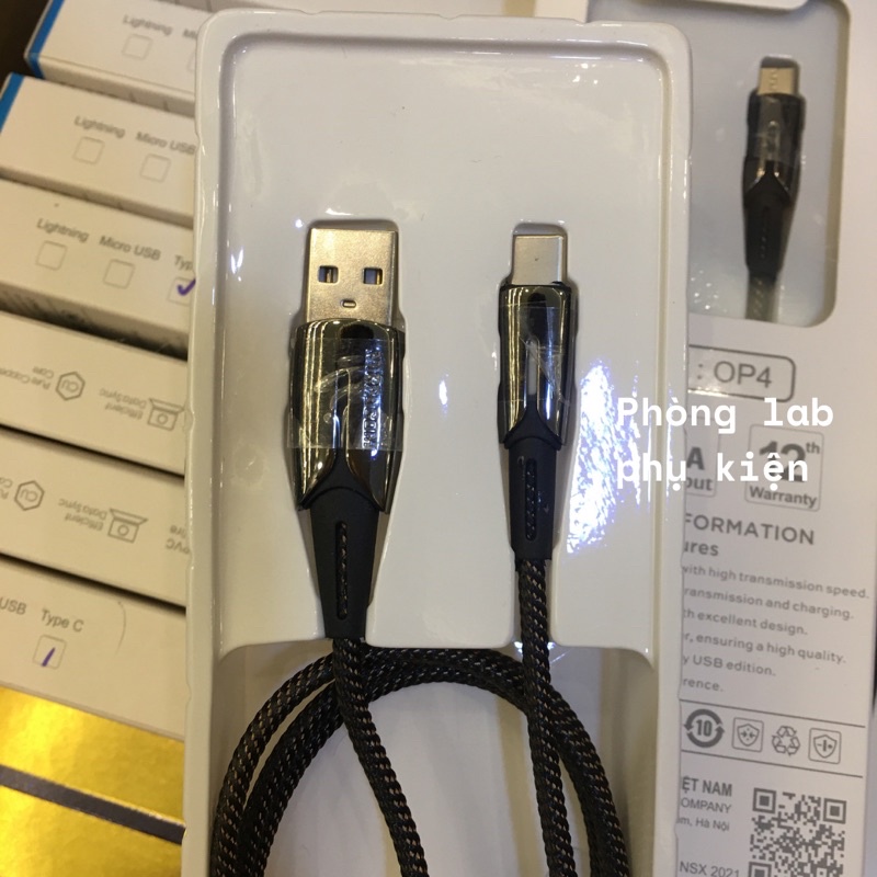 Cáp sạc nhanh Type C Opal OP4 2A MICROCOM dài 1M có đèn báo tự ngắt, dây dù chống đứt gãy