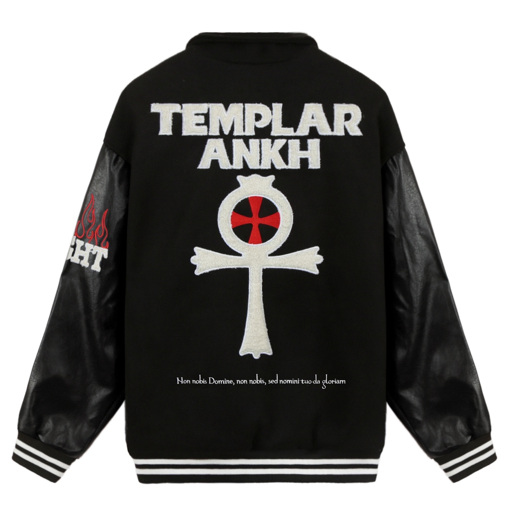 Áo Khoác Varsity Jacket Chất Liệu Dạ Tay Da Dày Dặn Cổ Bẻ Form Rộng Thoải Mái Unisex Hình Thêu Sắc Nét Màu Đen