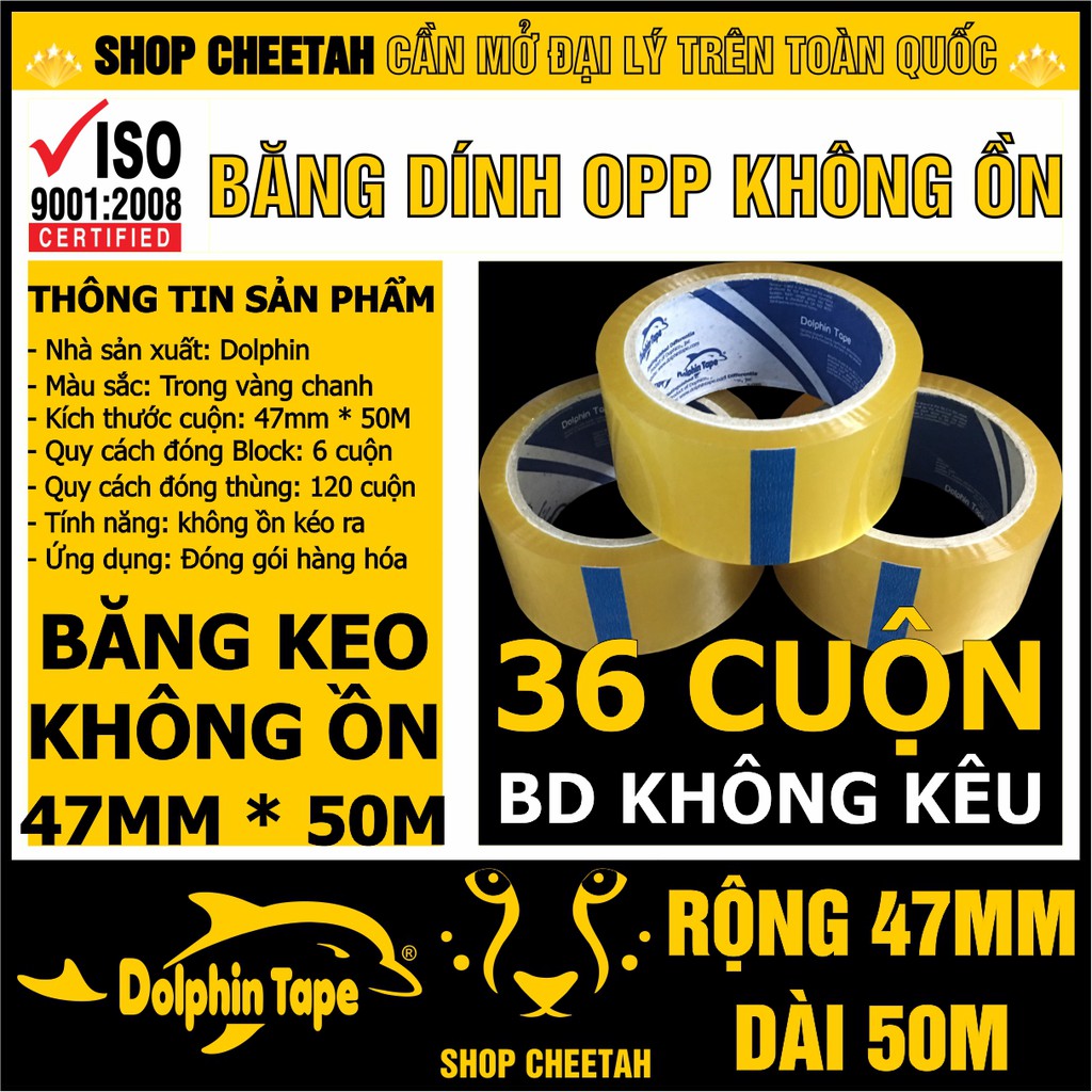 36 Cuộn Băng dính không kêu Dolphin –  Kích thước: 47mm x 50M – Băng dính OPP không ồn khi sử dụng