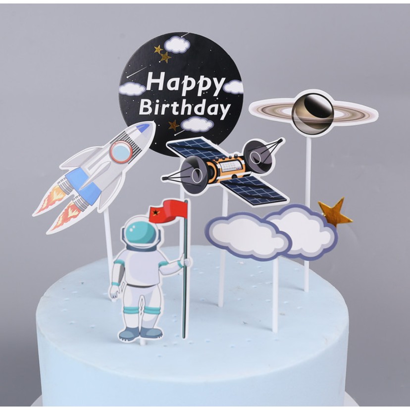 Set cắm giấy Hành tinh vũ trụ đĩa bay trang trí bánh sinh nhật, hình giấy phi hàng đoàn
