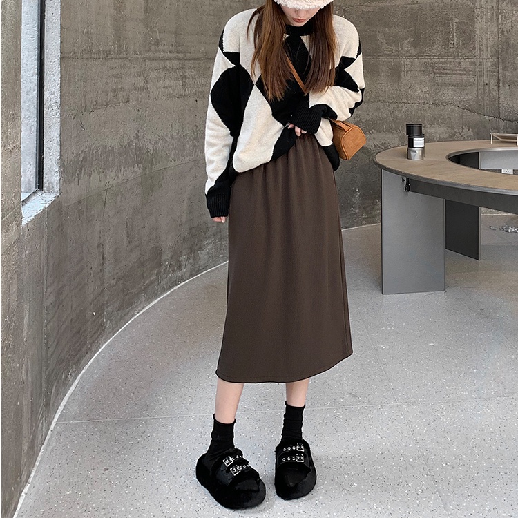 SUXI Chân Váy Dệt Kim Lưng Cao Màu Sắc Đơn Giản Thời Trang Thu Đông Cho Nữ