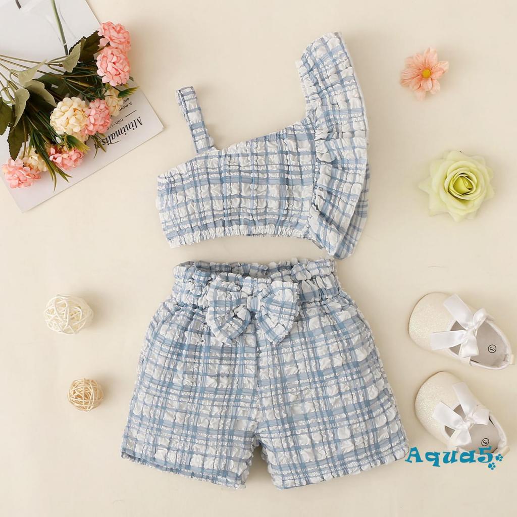 AQQ-Kid Girl Pants Suit, Sleeveless Off Shoulder Neck Plaid Print Vest Tops Summer Spring Bow Shorts