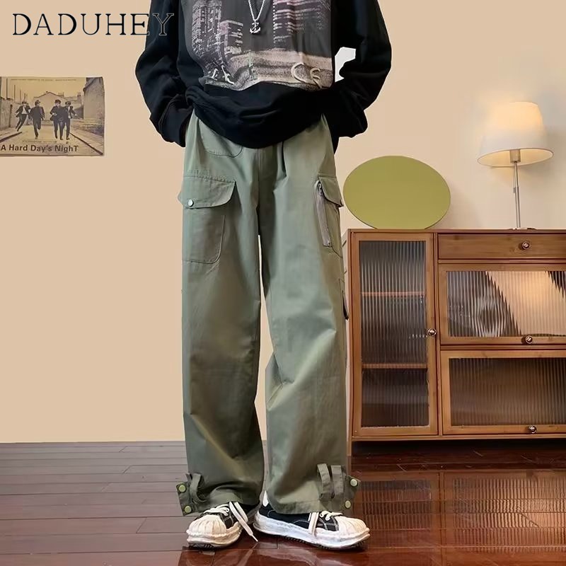 DaDuHey Men's And Women's Same Solid Color Wide Leg Loose Adjustable Ankle Banded Pants Trendy Stylish Multi-Pocket Casual Working Pants