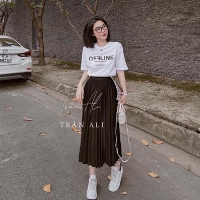 SET ÁO PHÔNG CHỮ MIX CHÂN VÁY DẬP LY DÁNG DÀI SANG CHẢNH