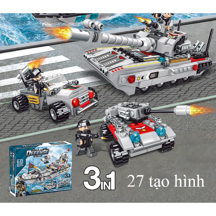 Bộ xếp hình đồ chơi LEGO tàu chiến 665 chi tiết với 27 tạo hình máy bay, xe tăng, ô tô.. phát triển trí tưởng tượng