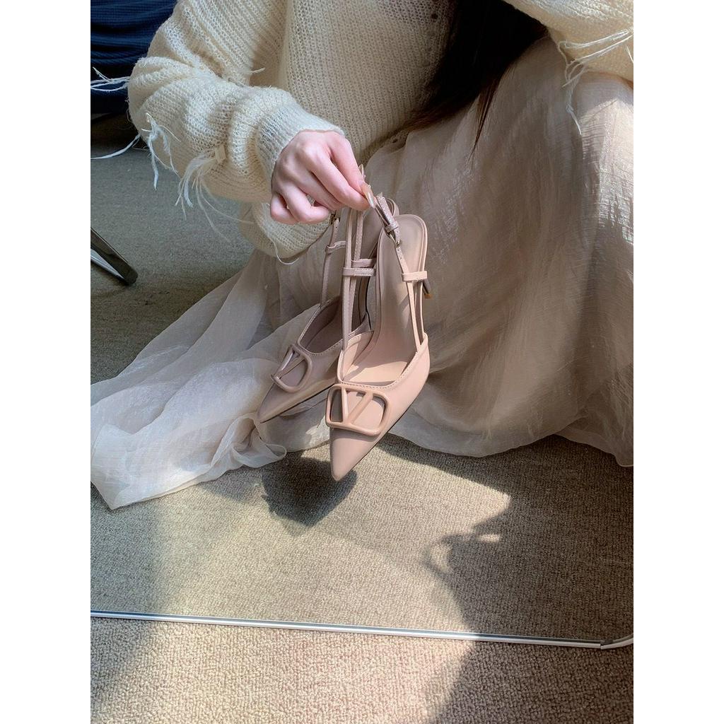Giày quai hậu MURIOKI màu nude mũi nhọn gót nhọn 3 inch khí chất ngọt ngào cho nữ
