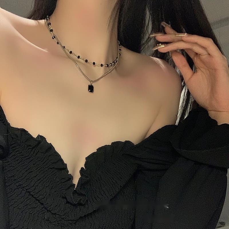Vòng Cổ Đính Đá Pha Lê Đen Hai Lớp Phong Cách Thời Trang Đường Phố
