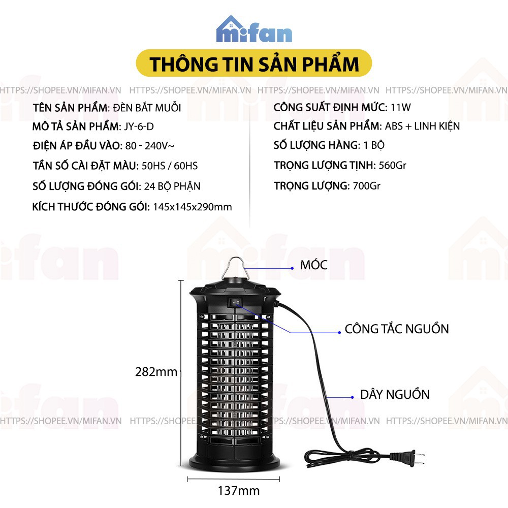 Đèn Bắt Muỗi Cao Cấp 2021 MIFAN - BH 6 Tháng - Đèn LED 11W Công Suất Cao Ánh Sáng Tím 365 Nano Wave Thu Hút Côn Trùng