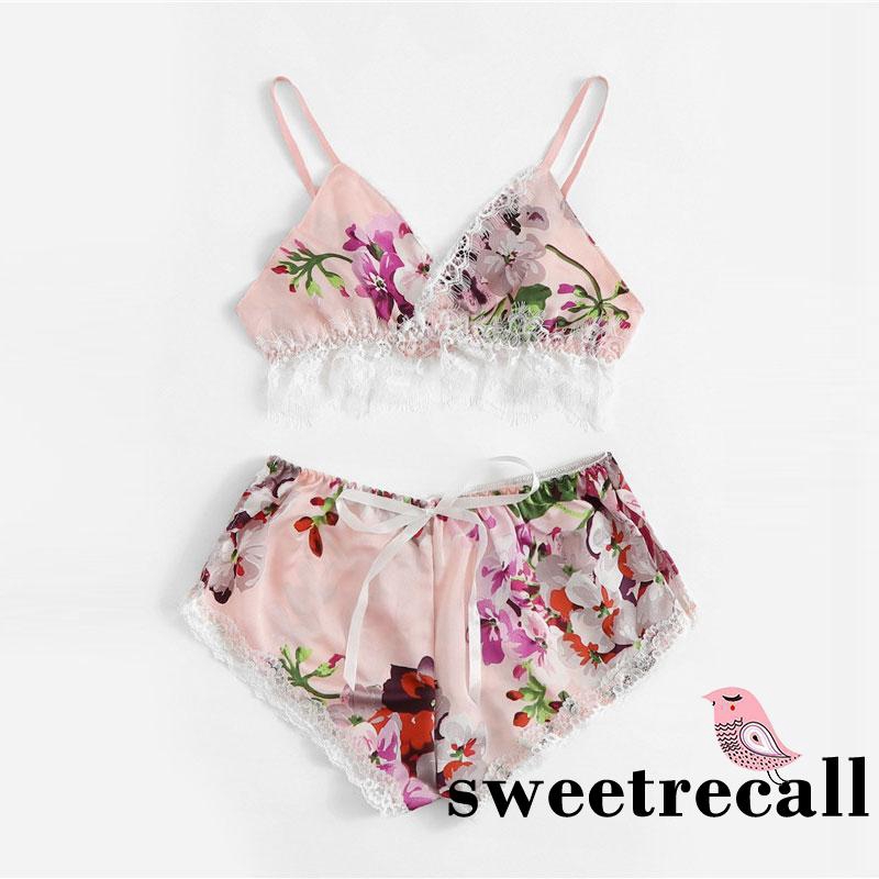 Set quần áo ngủ bằng lụa satin phối ren quyến rũ dành cho nữ | BigBuy360 - bigbuy360.vn