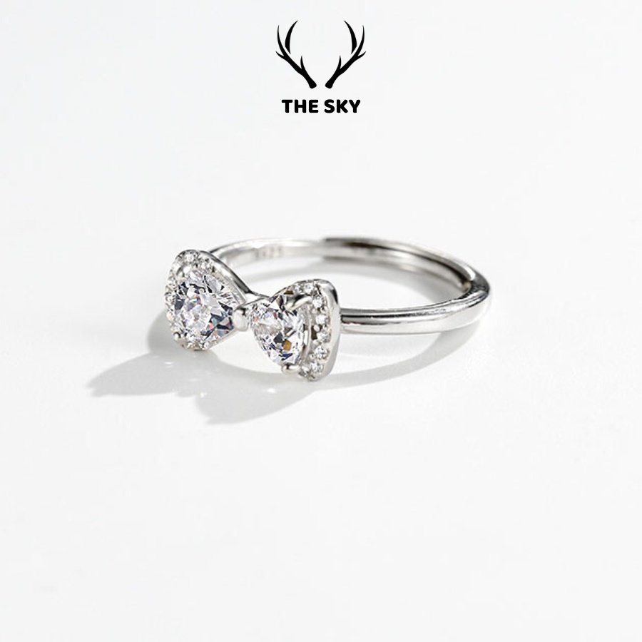 Nhẫn Bạc Nữ THE SKY NB13 Hình Nơ Đính Đá Sáng Lấp Lánh Freesize Cỏ Thể Điều Chỉnh Theo Tay