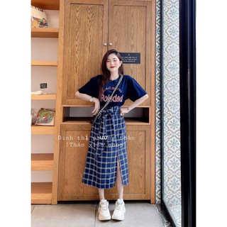 SET ÁO XANH BASIC MIX CHÂN VÁY NƠ CARO KẺ XANH